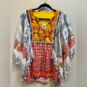 Ivy Jane Boho Peasant Top Blouse Colorful Cranes Flower Kimono Sleeve Size Small